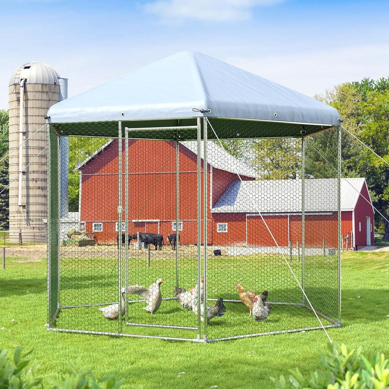 Hexagonal 9.2 Ft Outdoor Backyard Walk-in Metal Chicken Coop w/ Waterproof Cover-0