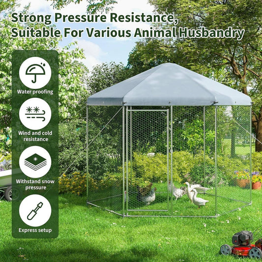 Hexagonal 9.2 Ft Outdoor Backyard Walk-in Metal Chicken Coop w/ Waterproof Cover-1