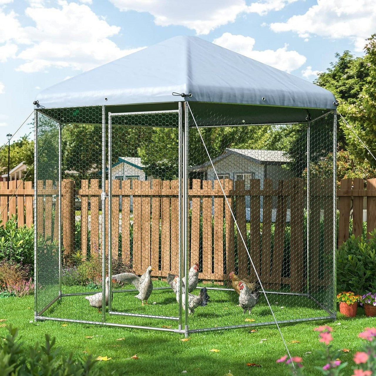 Hexagonal 9.2 Ft Outdoor Backyard Walk-in Metal Chicken Coop w/ Waterproof Cover-2