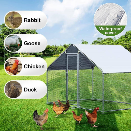 9.8 Ft x 6.5 Ft. Large Metal Outdoor Walk-in Chicken Coop with Waterproof Cover-1