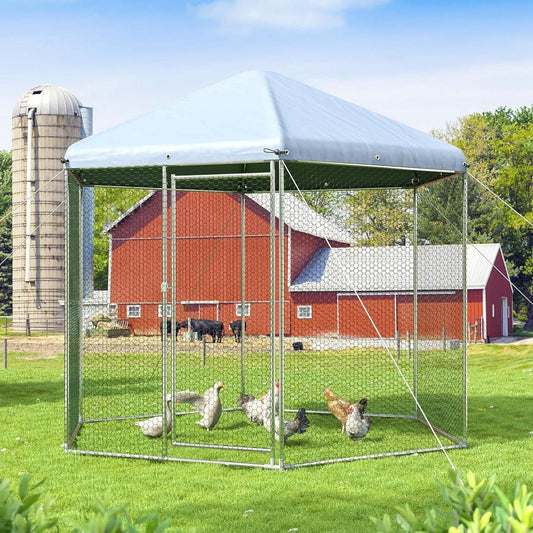 Hexagonal 9.2 Ft Outdoor Backyard Walk-in Metal Chicken Coop w/ Waterproof Cover-0